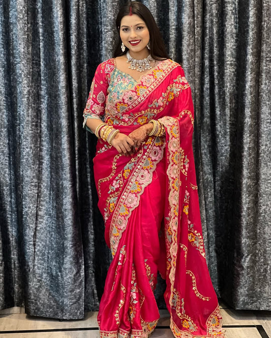 Royal Pink Rangoli Silk Partywear Saree with Embroidered Banglori Blouse