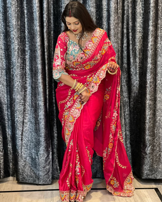 Royal Pink Rangoli Silk Partywear Saree with Embroidered Banglori Blouse