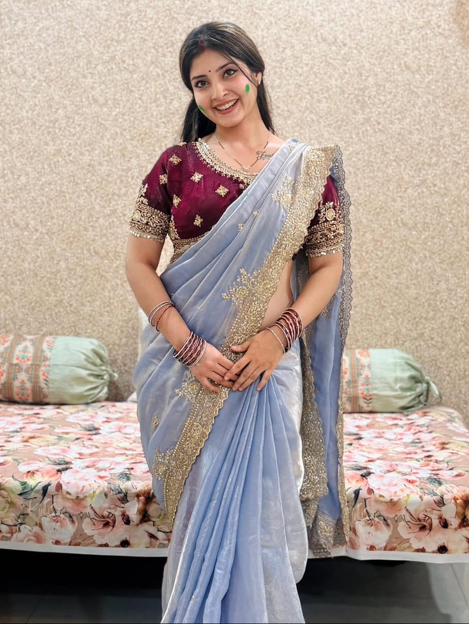 Premium Fendy Satin Saree with Multi-Sequence Embroidery Work
