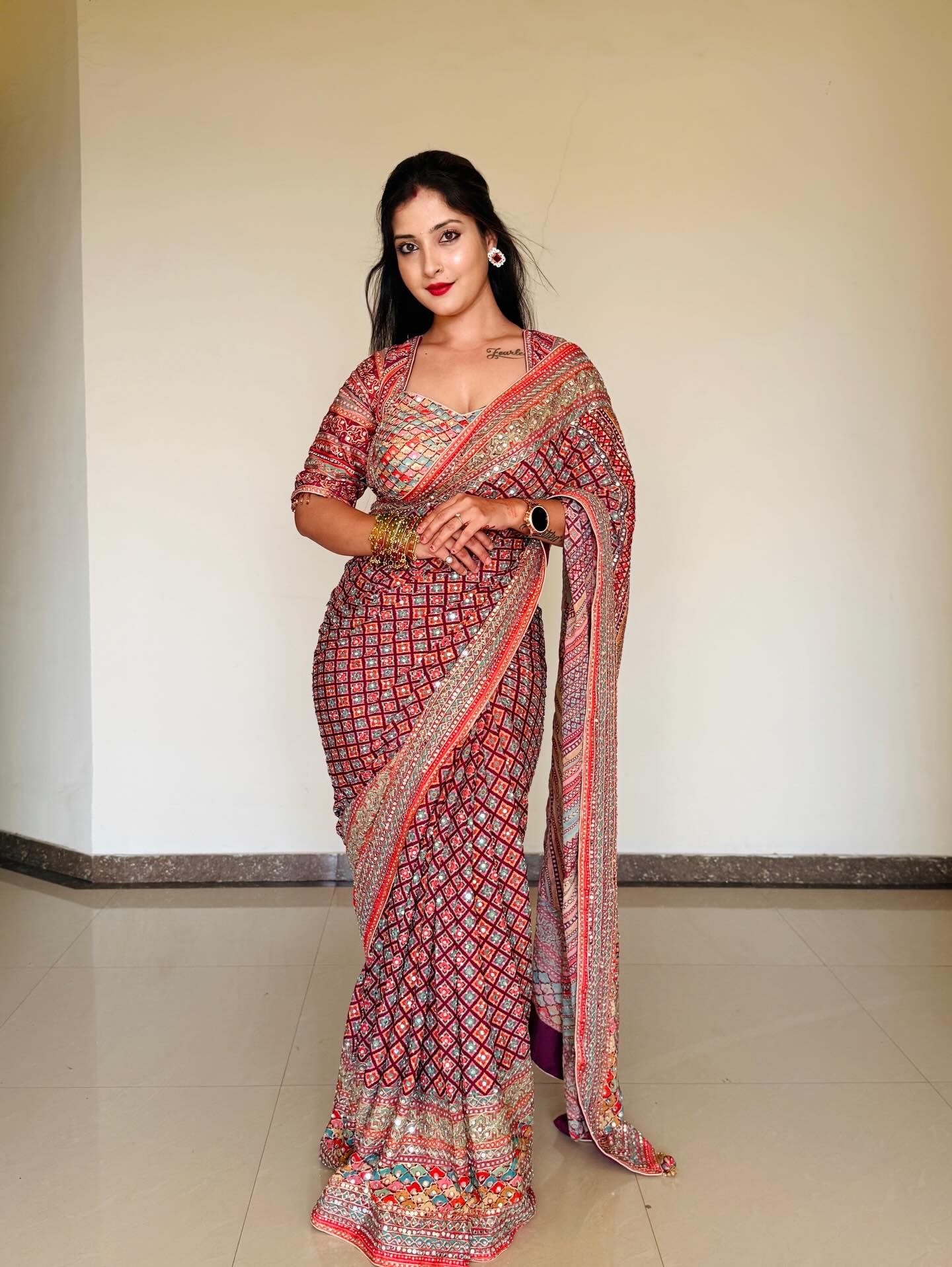 Premium Soft Chinnon Saree with Gold Zari and Real Mirror Work
