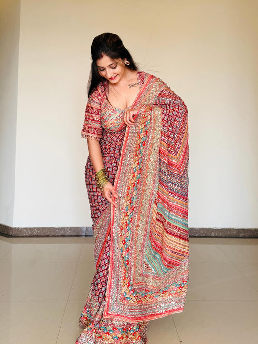 Premium Soft Chinnon Saree with Gold Zari and Real Mirror Work