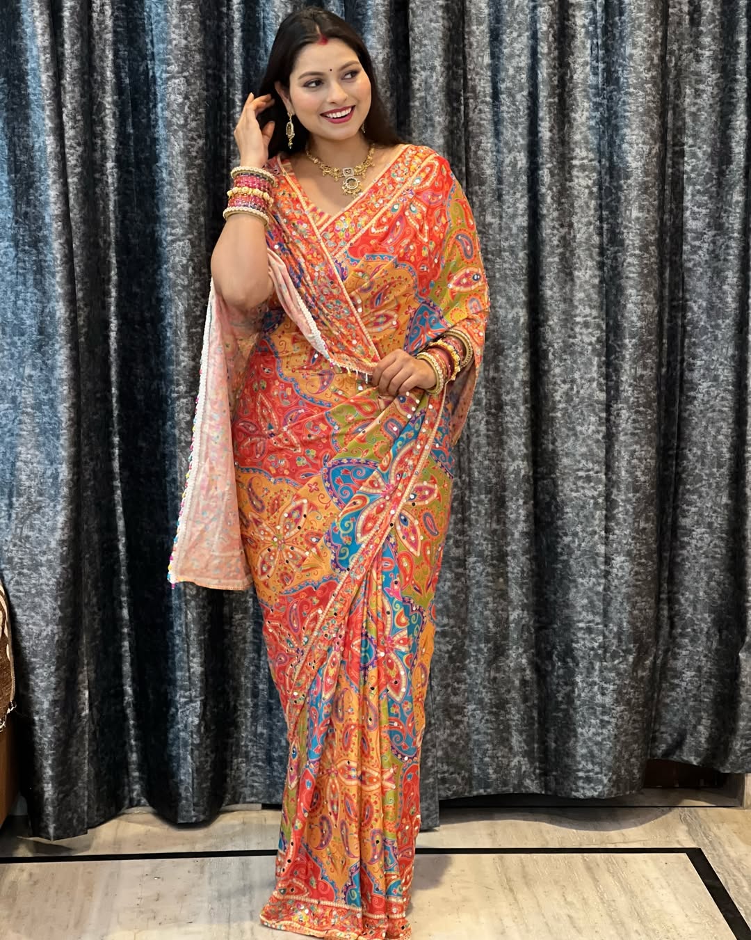 Diamond Mirror Fusion Saree on Soft Chinnon fabric