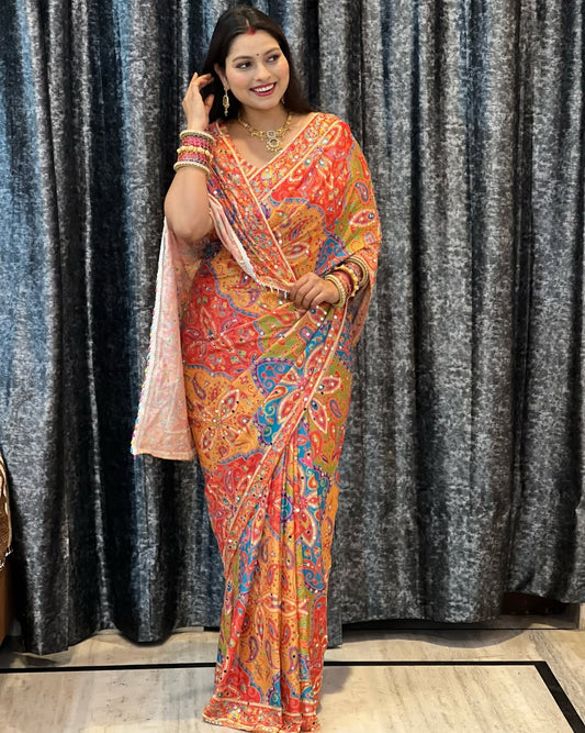 Diamond Mirror Fusion Saree on Soft Chinnon fabric