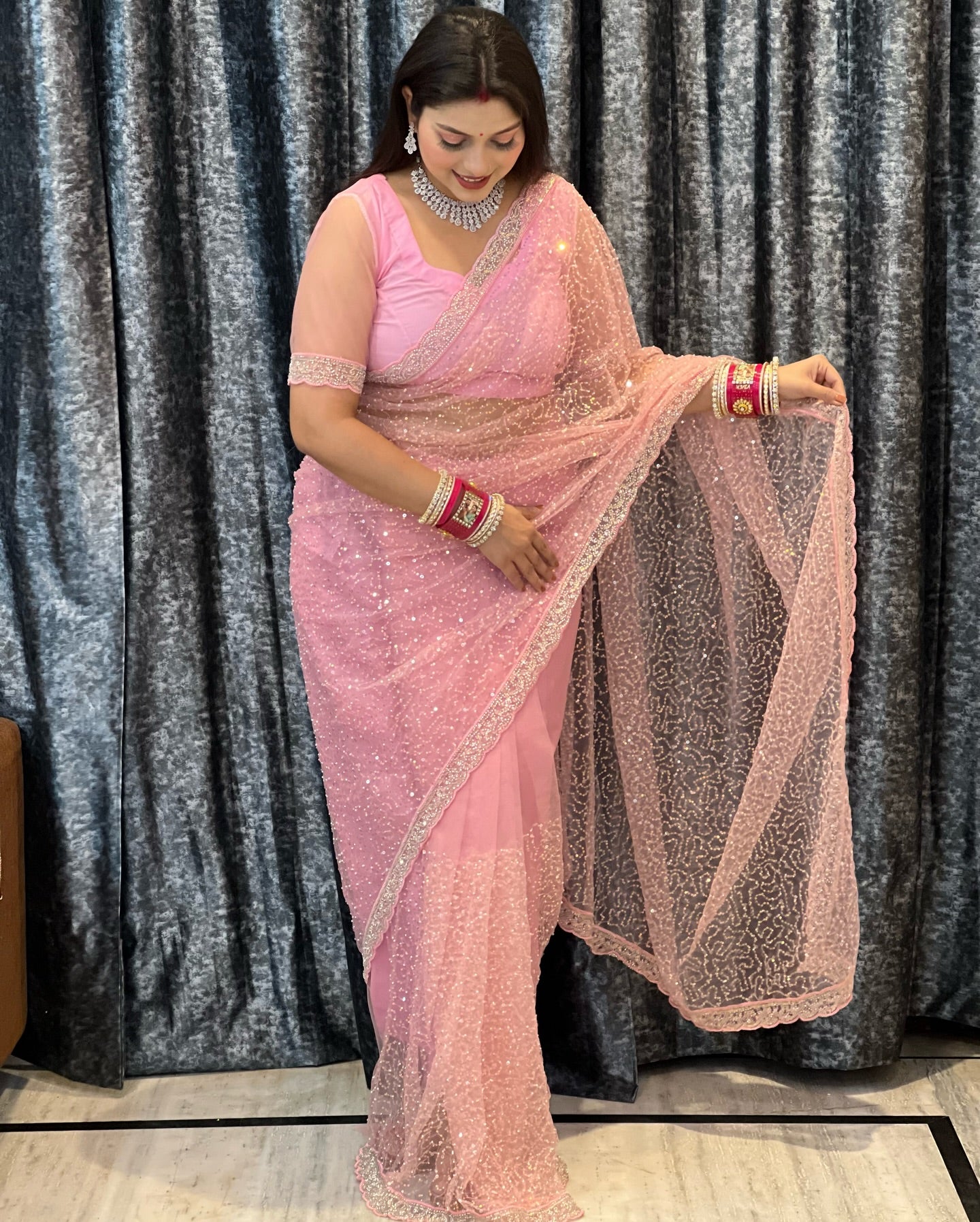 Wedding Wear Soft Net Sequins & Beads Work Saree with Designer Border