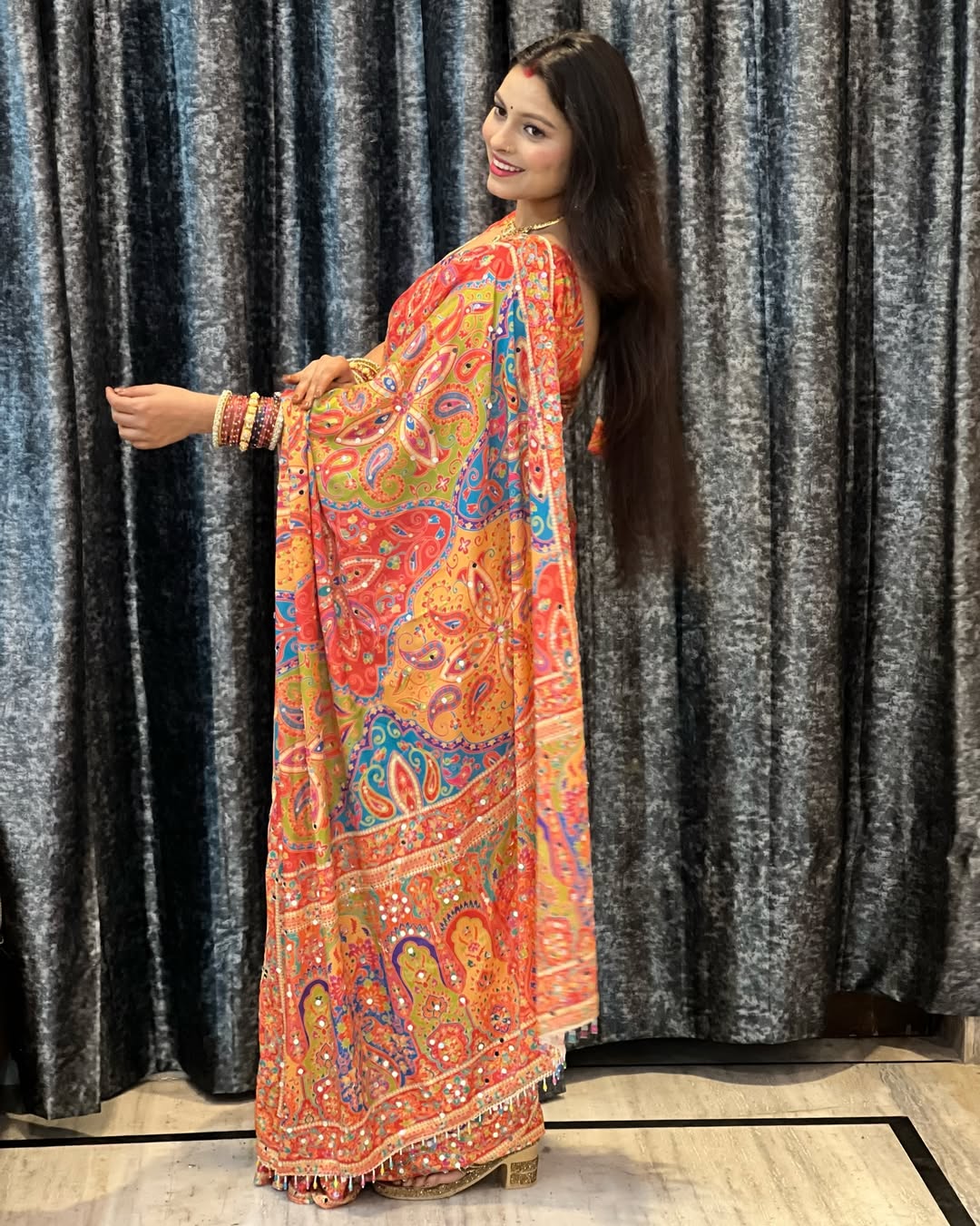 Diamond Mirror Fusion Saree on Soft Chinnon fabric