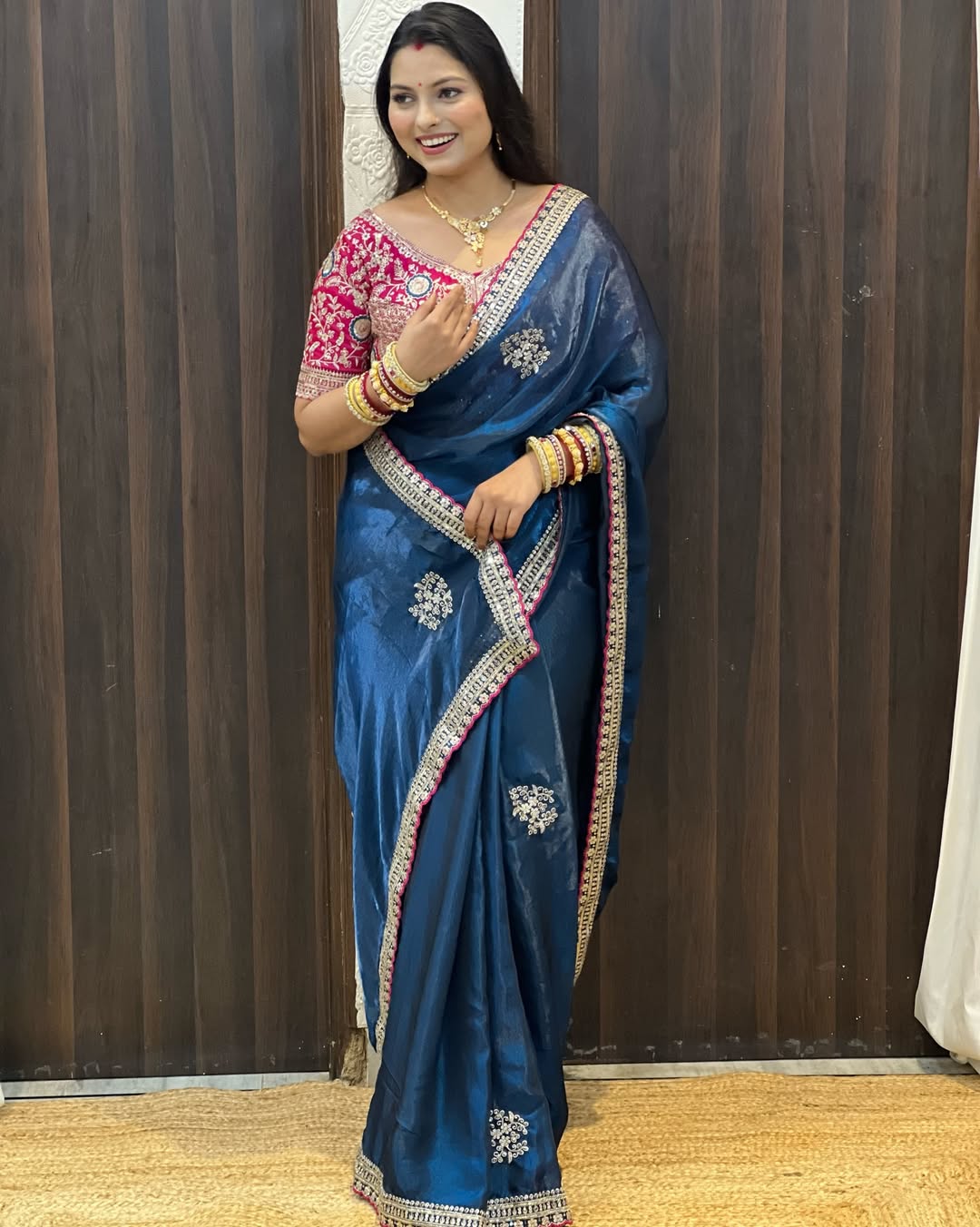Designer Fendy Satin Saree with Rich Zari & Sequins Work Stitched Blouse
