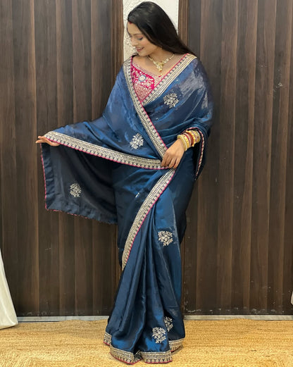 Designer Fendy Satin Saree with Rich Zari & Sequins Work Stitched Blouse