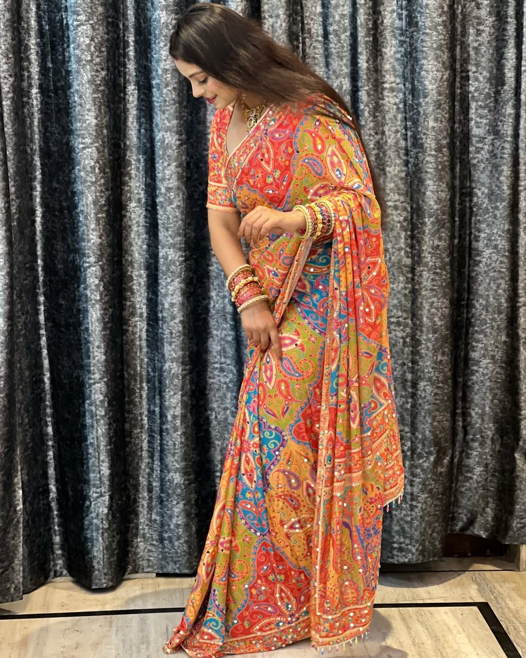 Diamond Mirror Fusion Saree on Soft Chinnon fabric