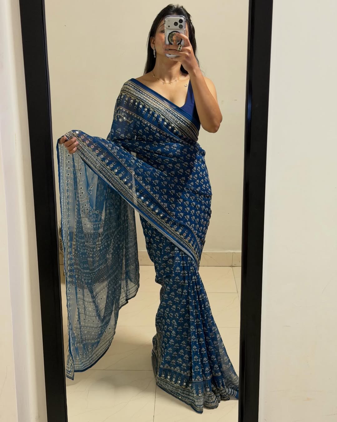 Celebrity Style Designer Georgette Saree with Mirror Work