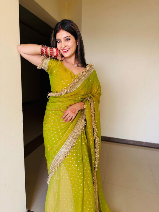Elegant Moss Silk Jacquard Butti Designer Saree