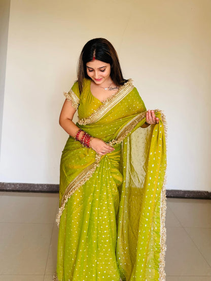 Elegant Moss Silk Jacquard Butti Designer Saree