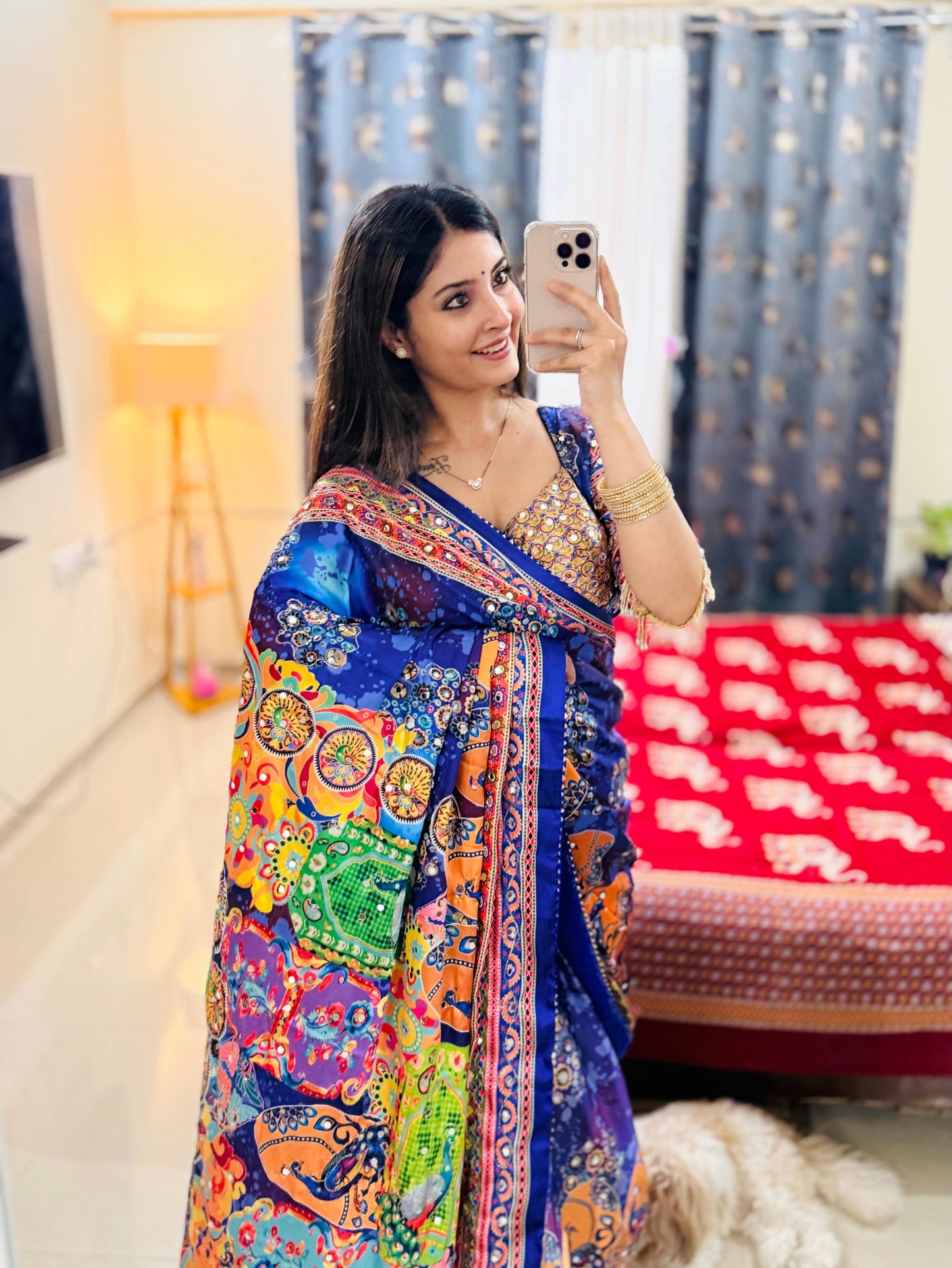 Premium Soft Chinnon Printed Saree with Gold Zari, Real Mirror & Diamond Handwork