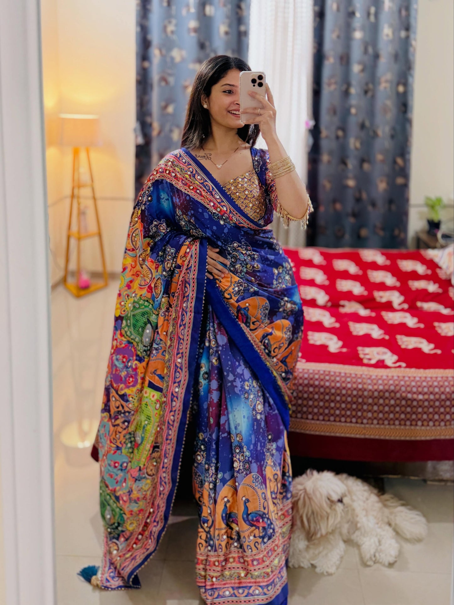 Premium Soft Chinnon Printed Saree with Gold Zari, Real Mirror & Diamond Handwork