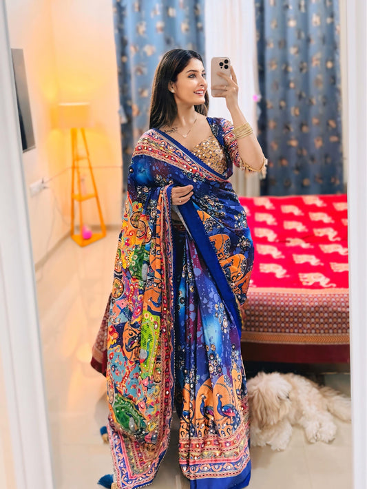 Premium Soft Chinnon Printed Saree with Gold Zari, Real Mirror & Diamond Handwork
