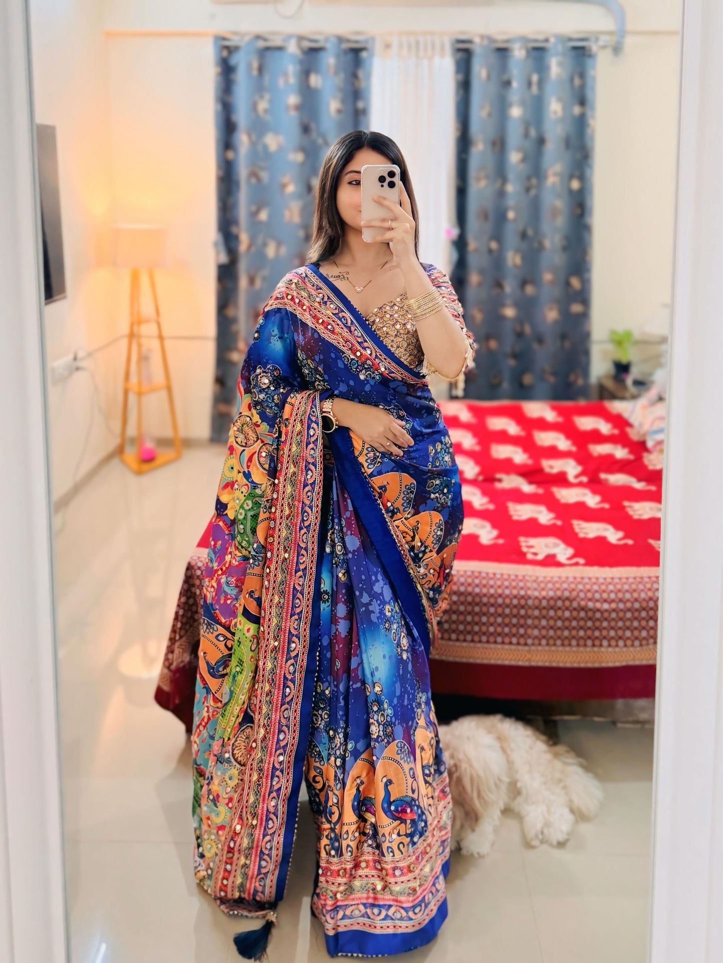 Premium Soft Chinnon Printed Saree with Gold Zari, Real Mirror & Diamond Handwork