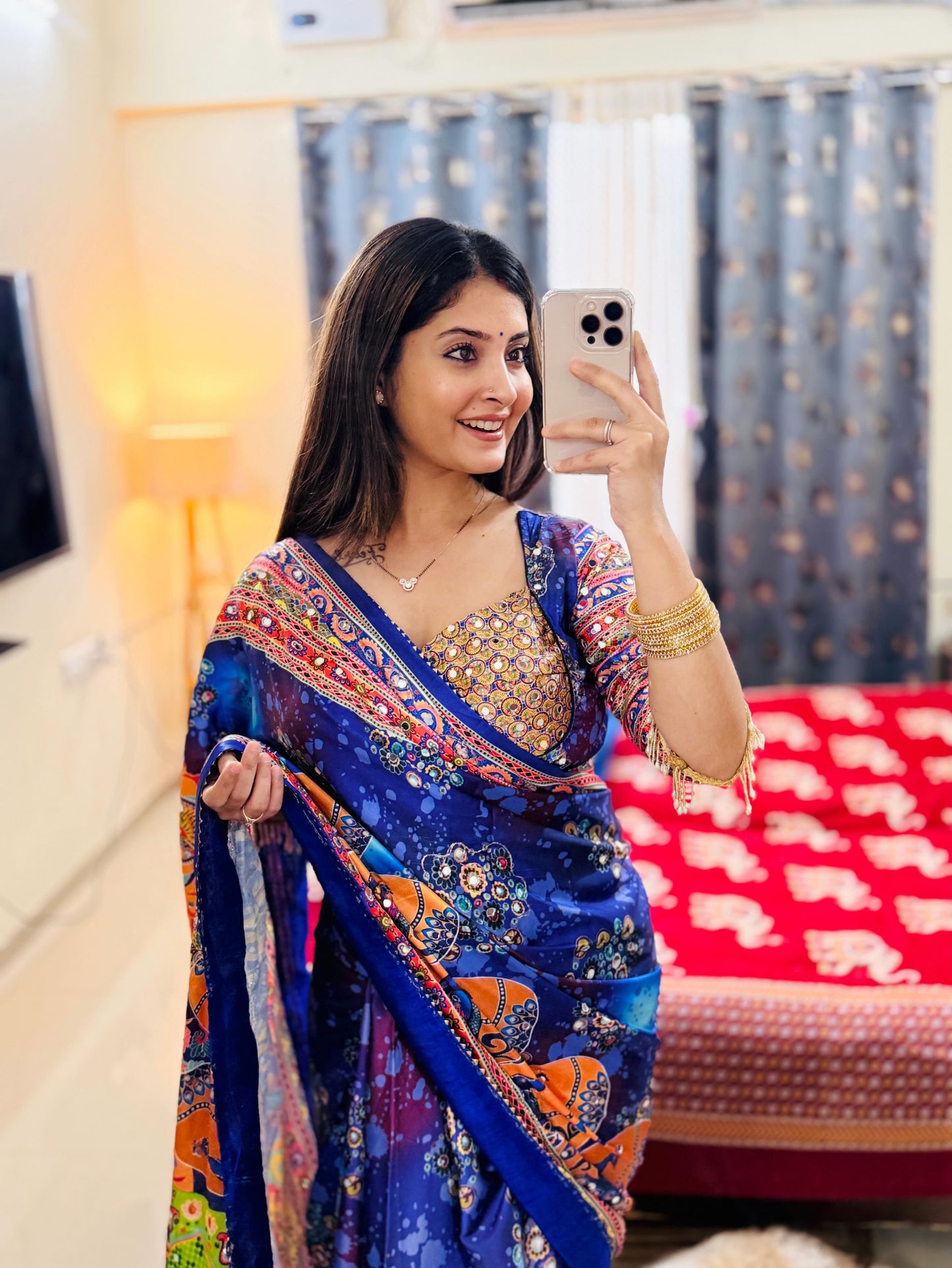 Premium Soft Chinnon Printed Saree with Gold Zari, Real Mirror & Diamond Handwork