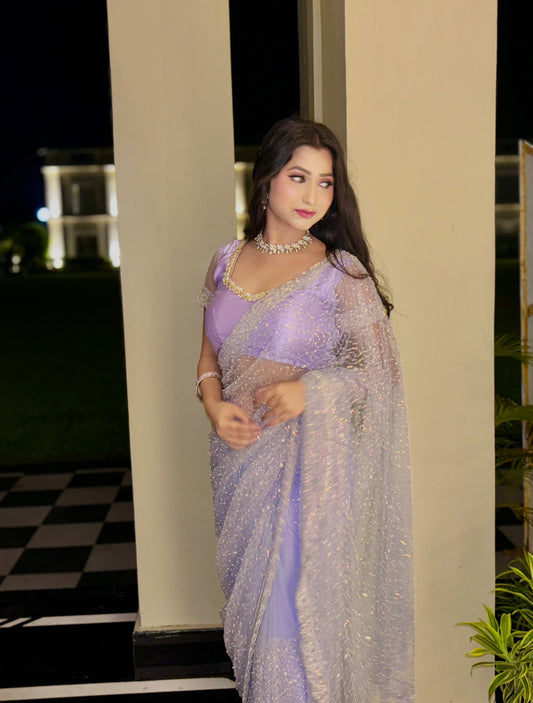 Wedding Wear Soft Net Sequins & Beads Work Saree with Designer Border