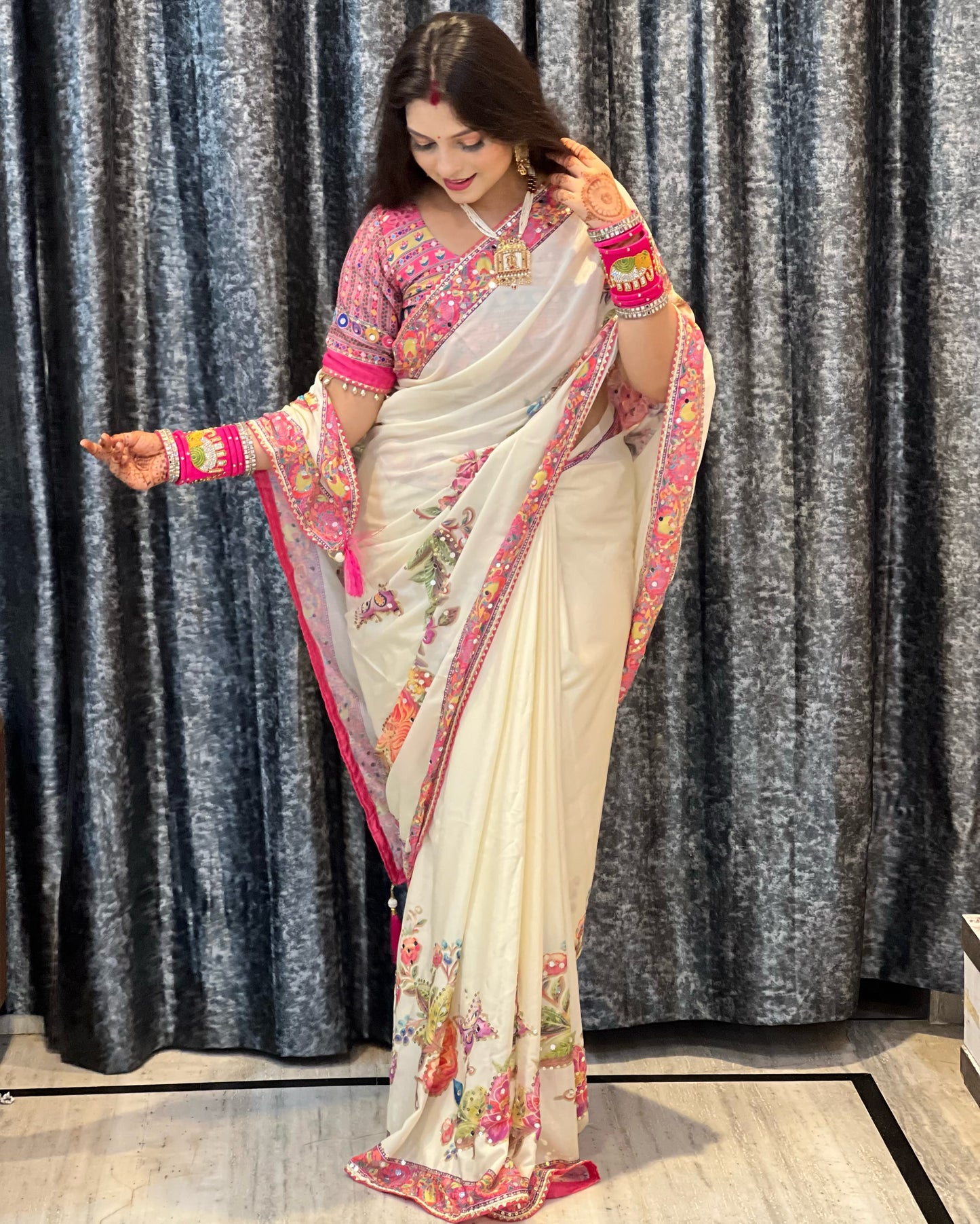 Designer Butterfly Floral Printed Saree with Real Mirror & Sequins Work