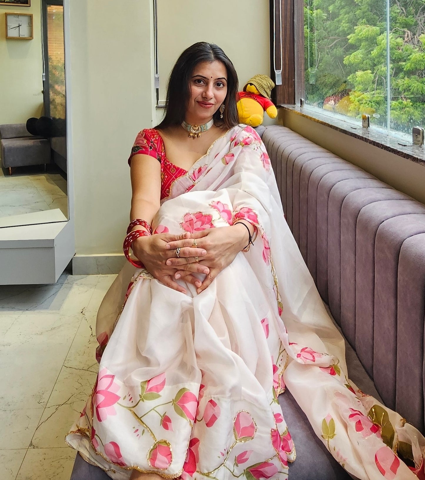 Bollywood Trending Tebby Organza Saree with Lotus Floral Print & Cutdana Work