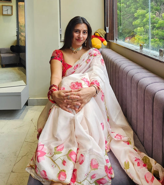 Bollywood Trending Tebby Organza Saree with Lotus Floral Print & Cutdana Work