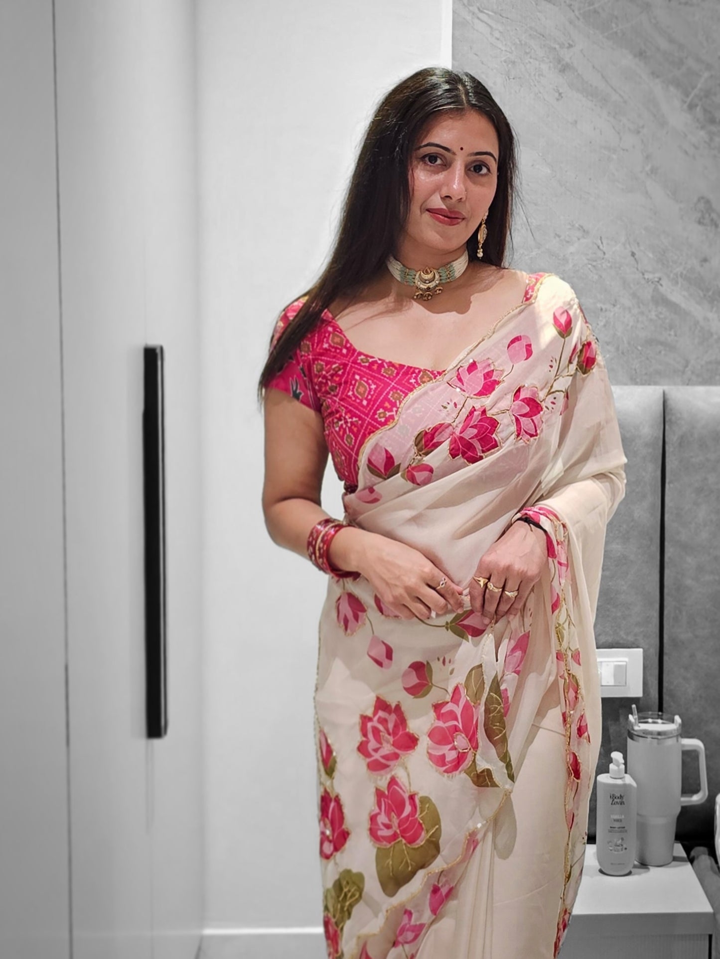 Bollywood Trending Tebby Organza Saree with Lotus Floral Print & Cutdana Work