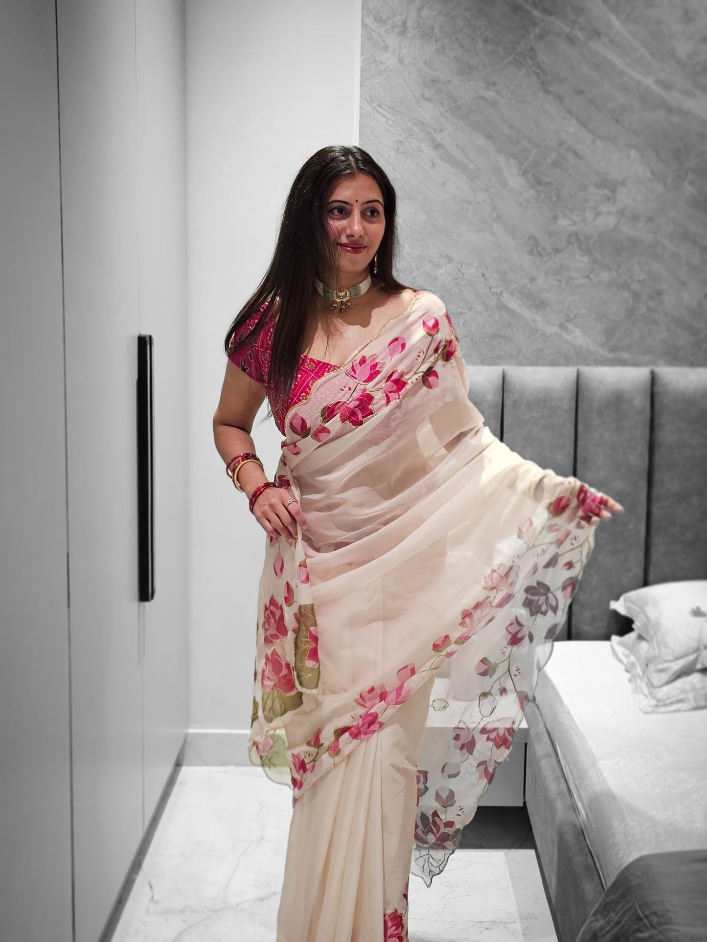 Bollywood Trending Tebby Organza Saree with Lotus Floral Print & Cutdana Work