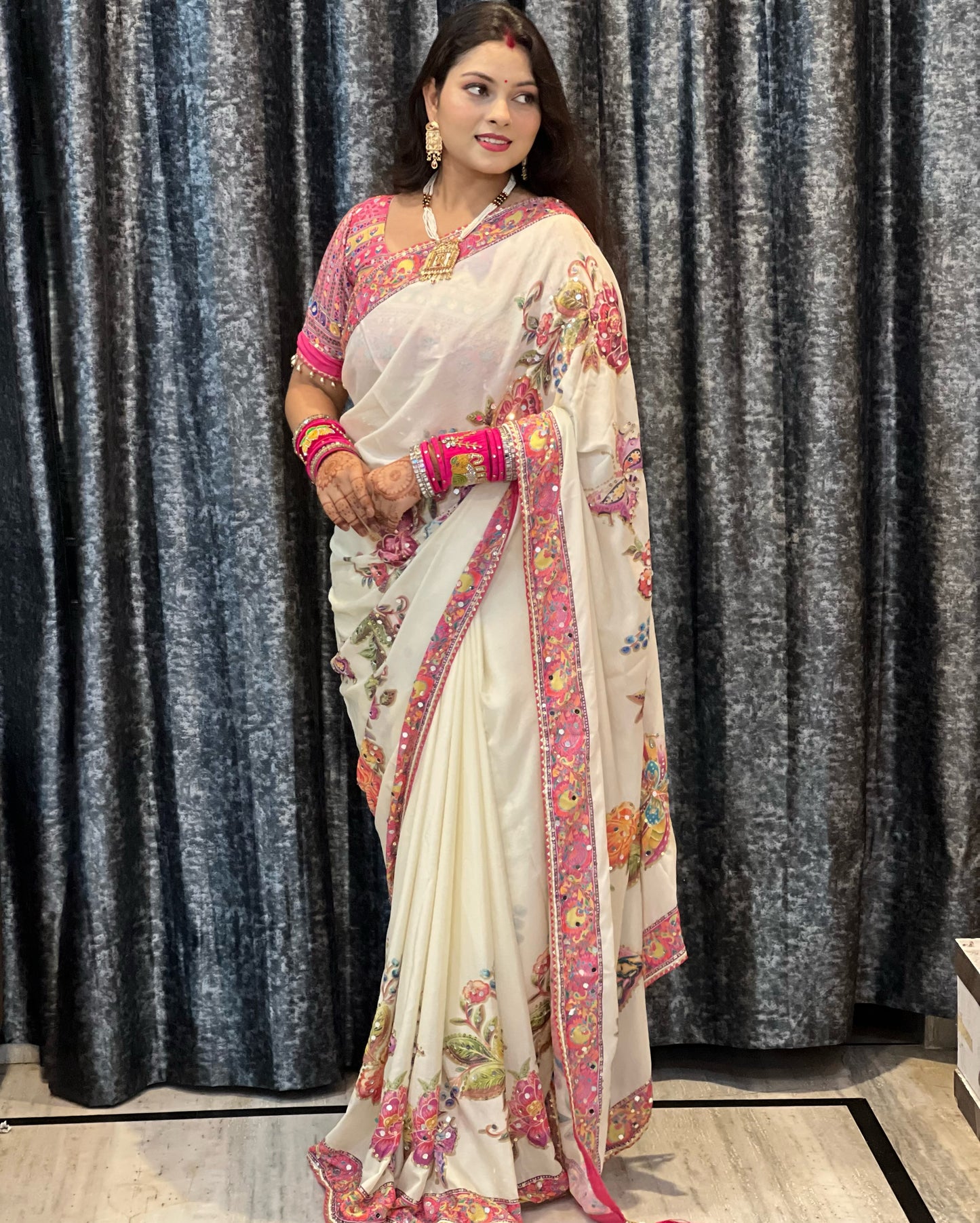 Designer Butterfly Floral Printed Saree with Real Mirror & Sequins Work