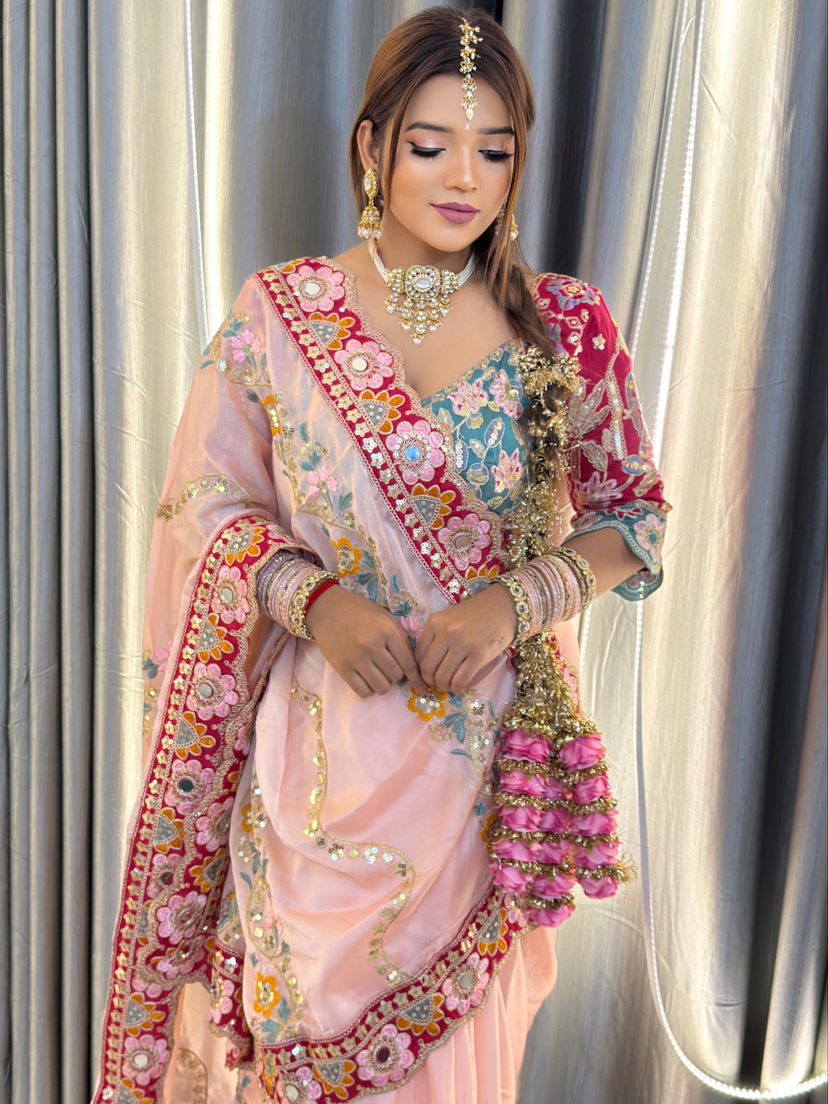 Royal Pink Rangoli Silk Partywear Saree with Embroidered Banglori Blouse