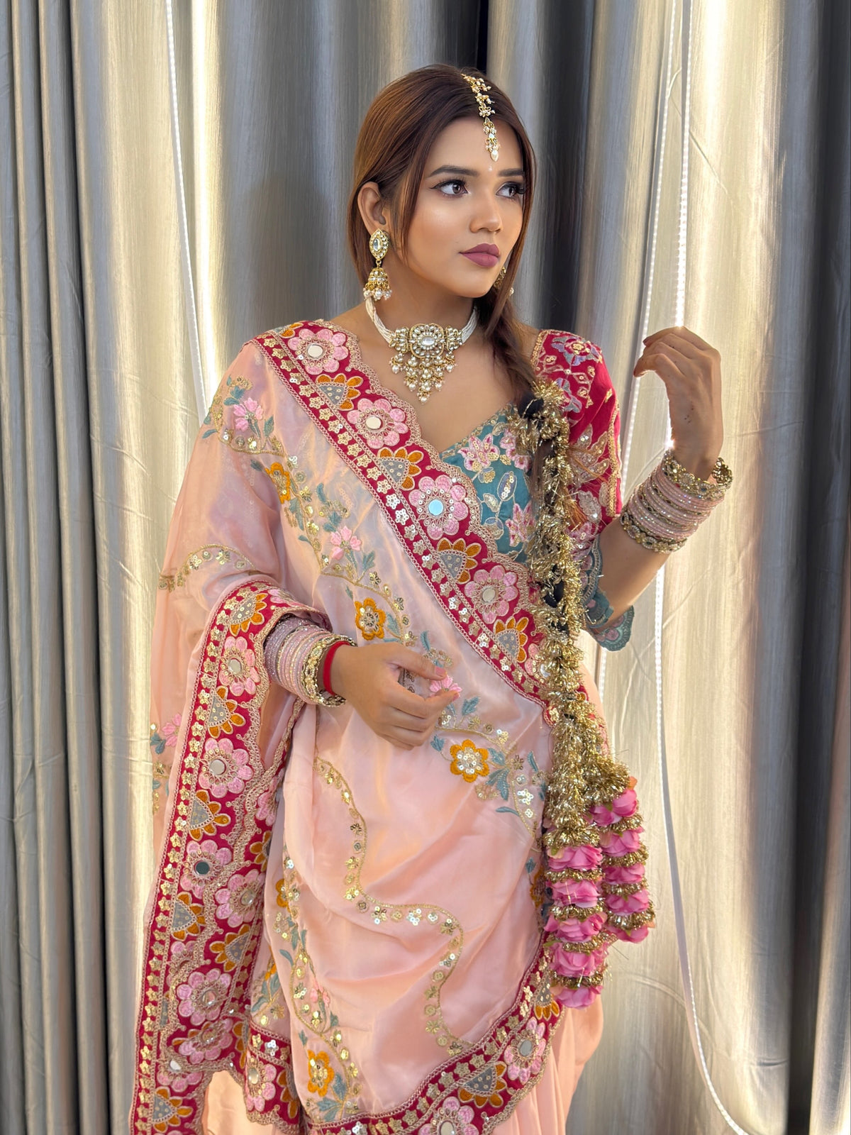 Royal Pink Rangoli Silk Partywear Saree with Embroidered Banglori Blouse