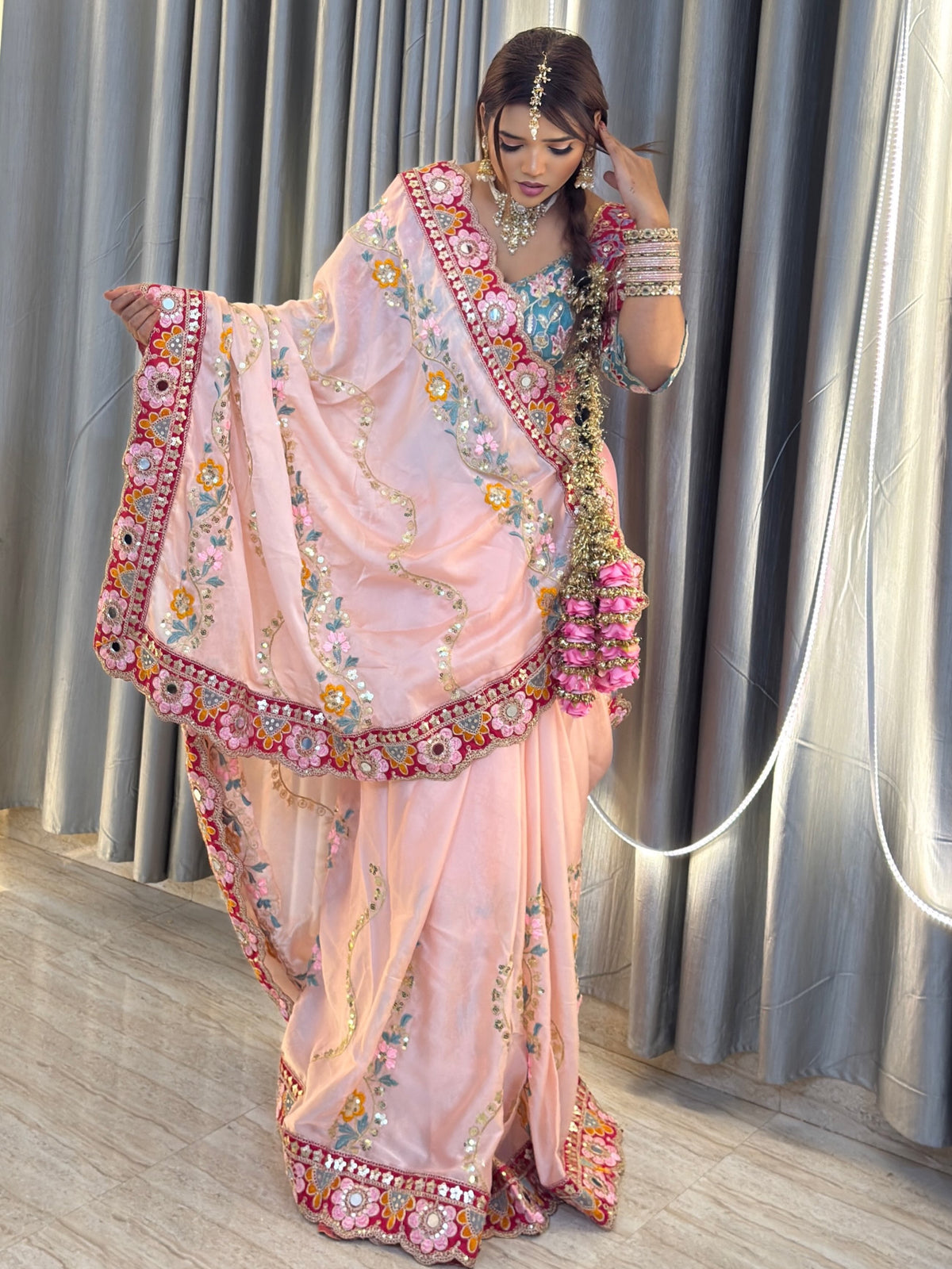 Royal Pink Rangoli Silk Partywear Saree with Embroidered Banglori Blouse