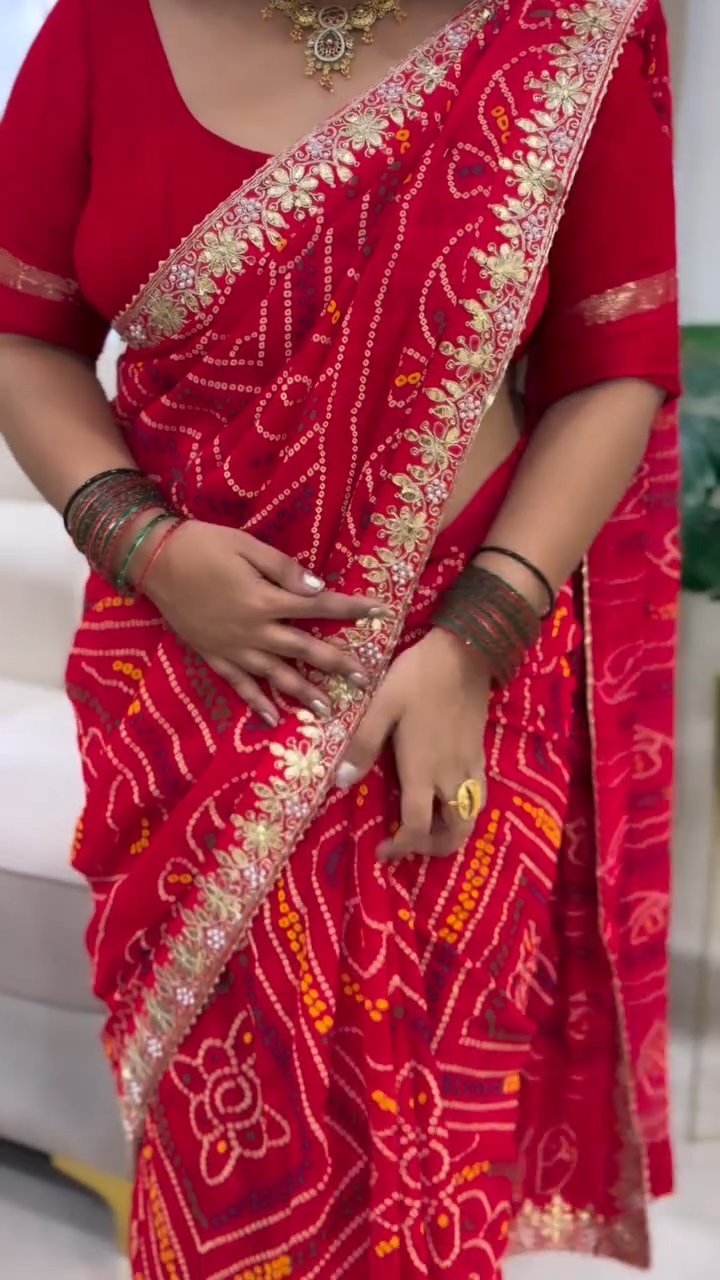Special Saawan Red Bandhani Heavy Georgette Designer Saree with Gota Patti