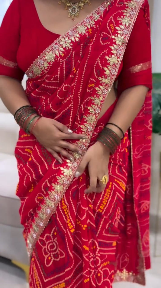Special Saawan Red Bandhani Heavy Georgette Designer Saree with Gota Patti