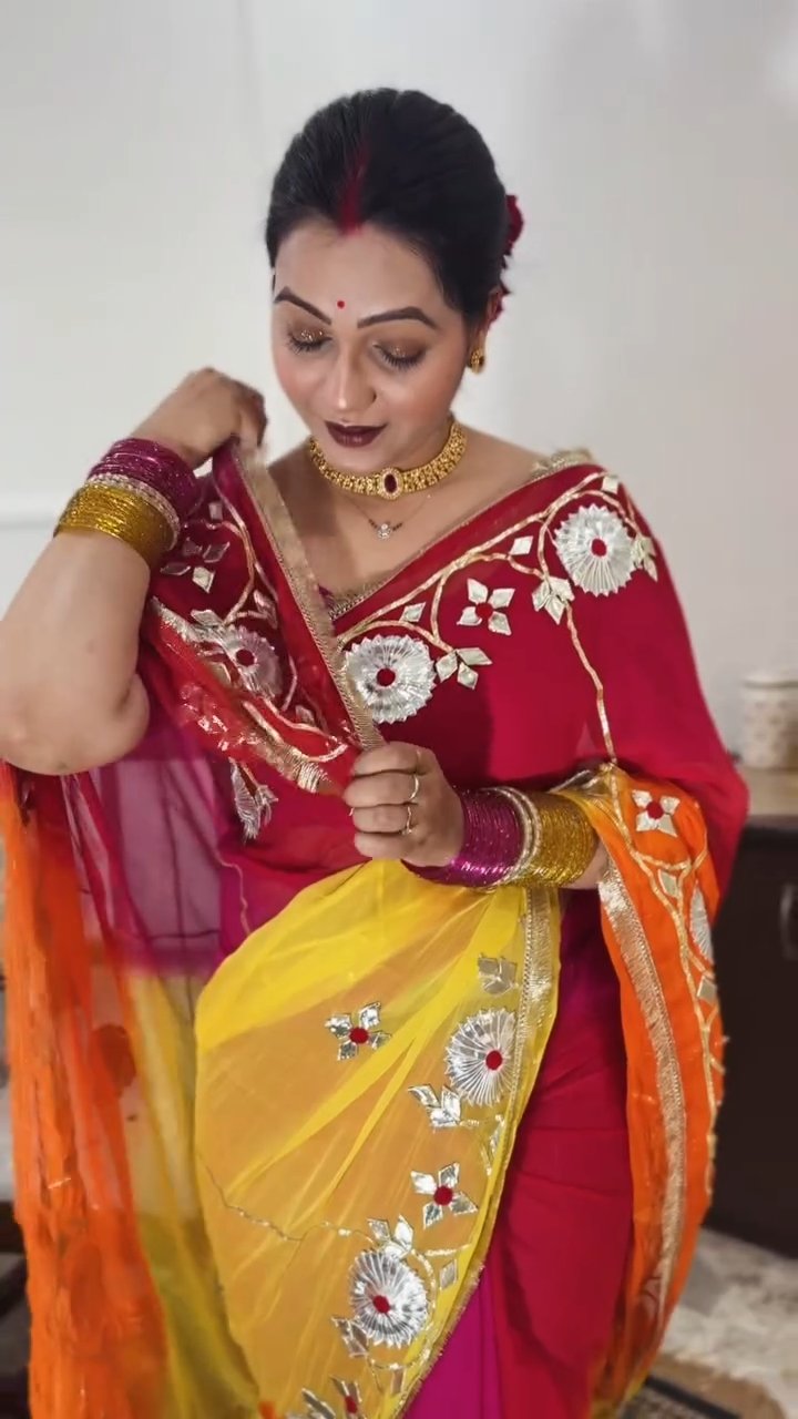 Handcrafted Tie & Dye Diamond Chiffon Saree with Gota Work Blouse