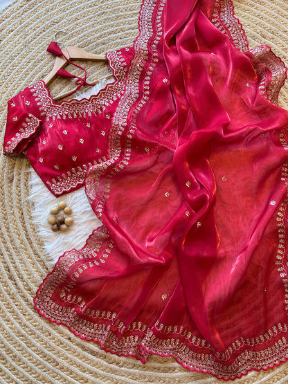 zimmy choo silk saree with amazing embroidery  sequence work and multi borders with aarco..