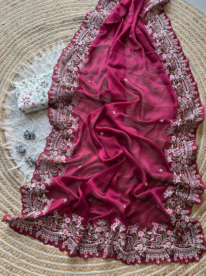 Pure Sattin georgett silk saree in  Red color saree with silver codding