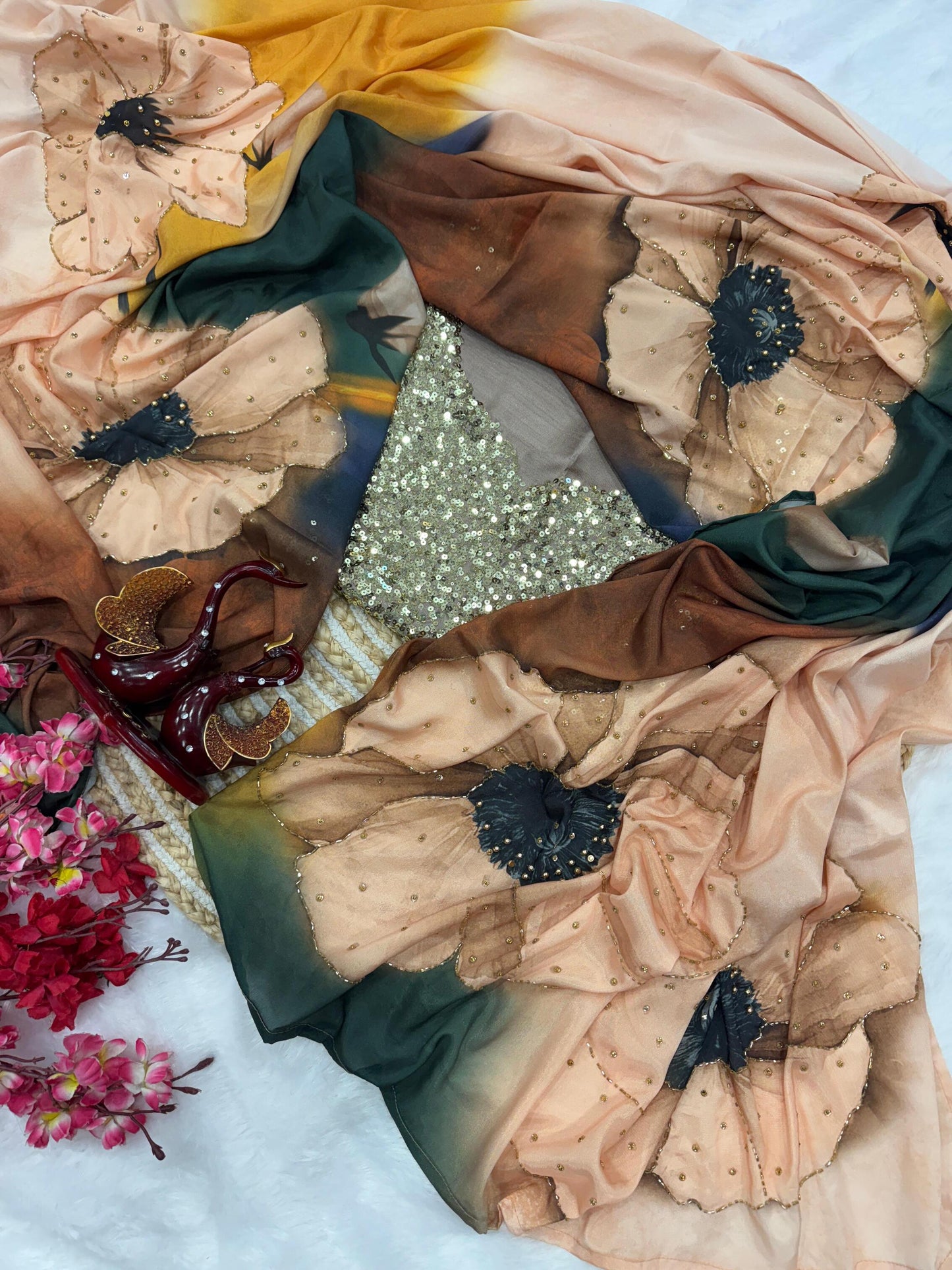 Exclusive Floral Handwork Saree On Satin Crepe