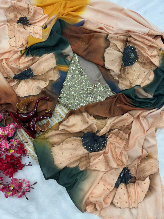 Exclusive Floral Handwork Saree On Satin Crepe