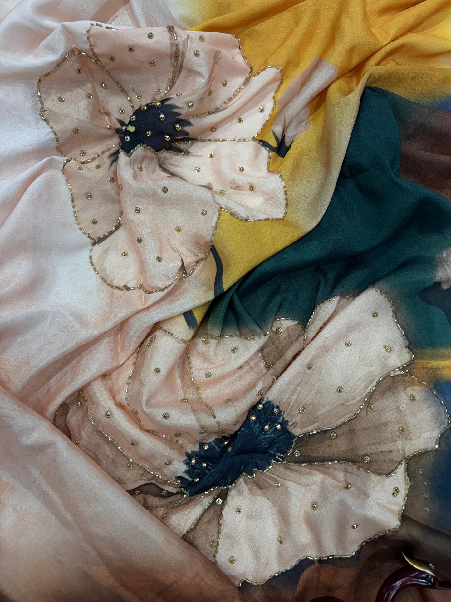 Exclusive Floral Handwork Saree On Satin Crepe