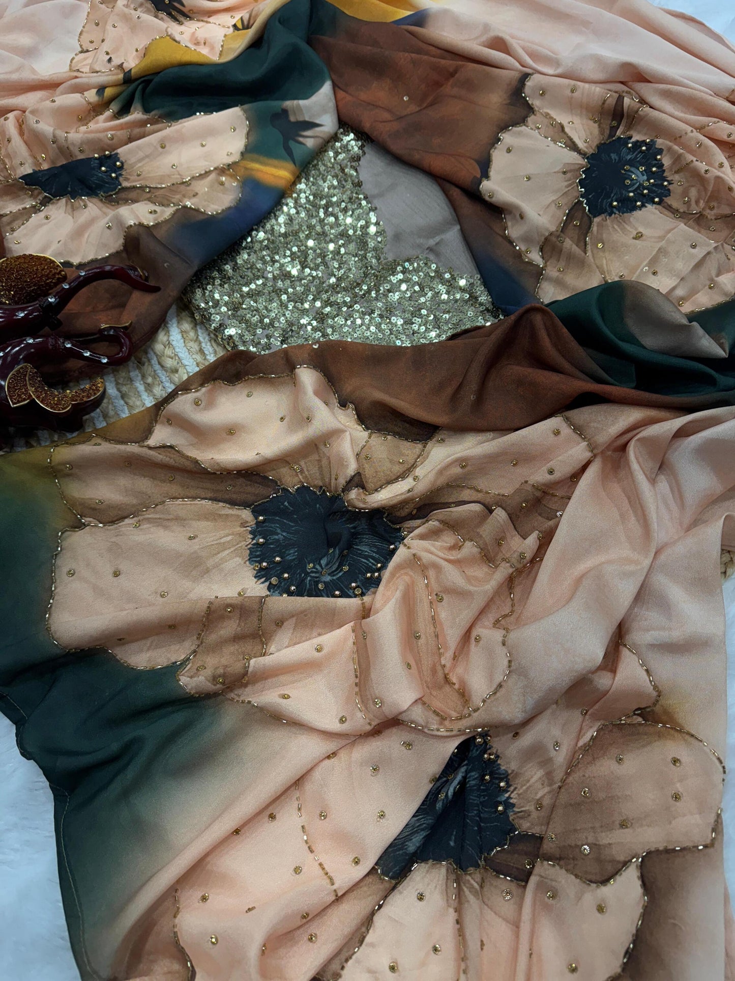 Exclusive Floral Handwork Saree On Satin Crepe
