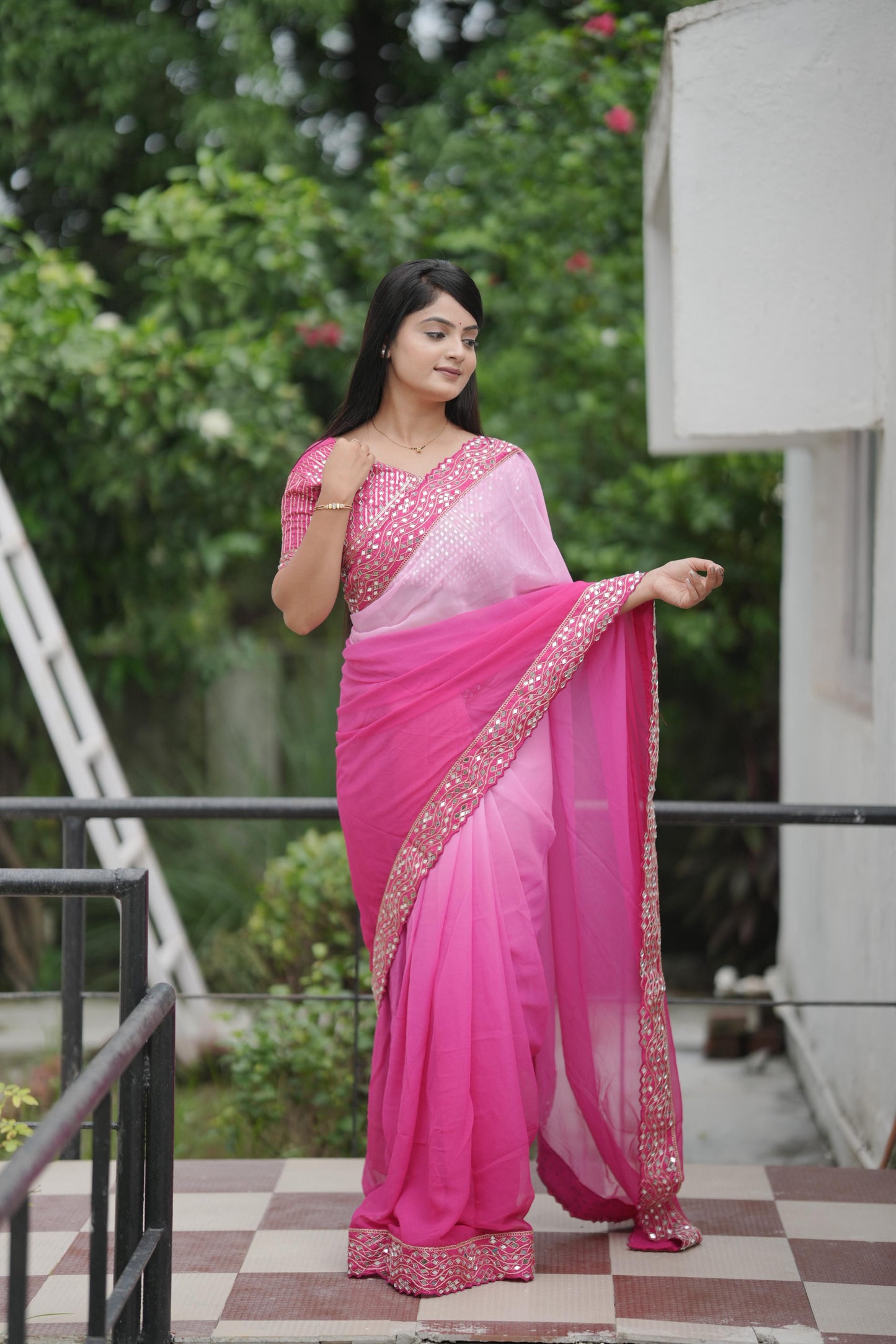 Dark to light Shaded Saree Fabric with Designer Embroidered Lace