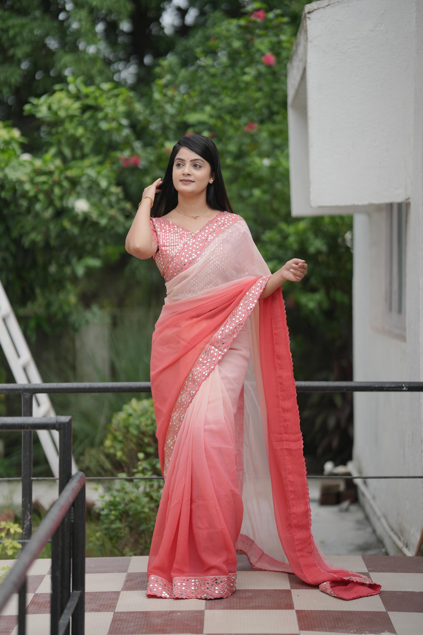 Dark to light Shaded Saree Fabric with Designer Embroidered Lace