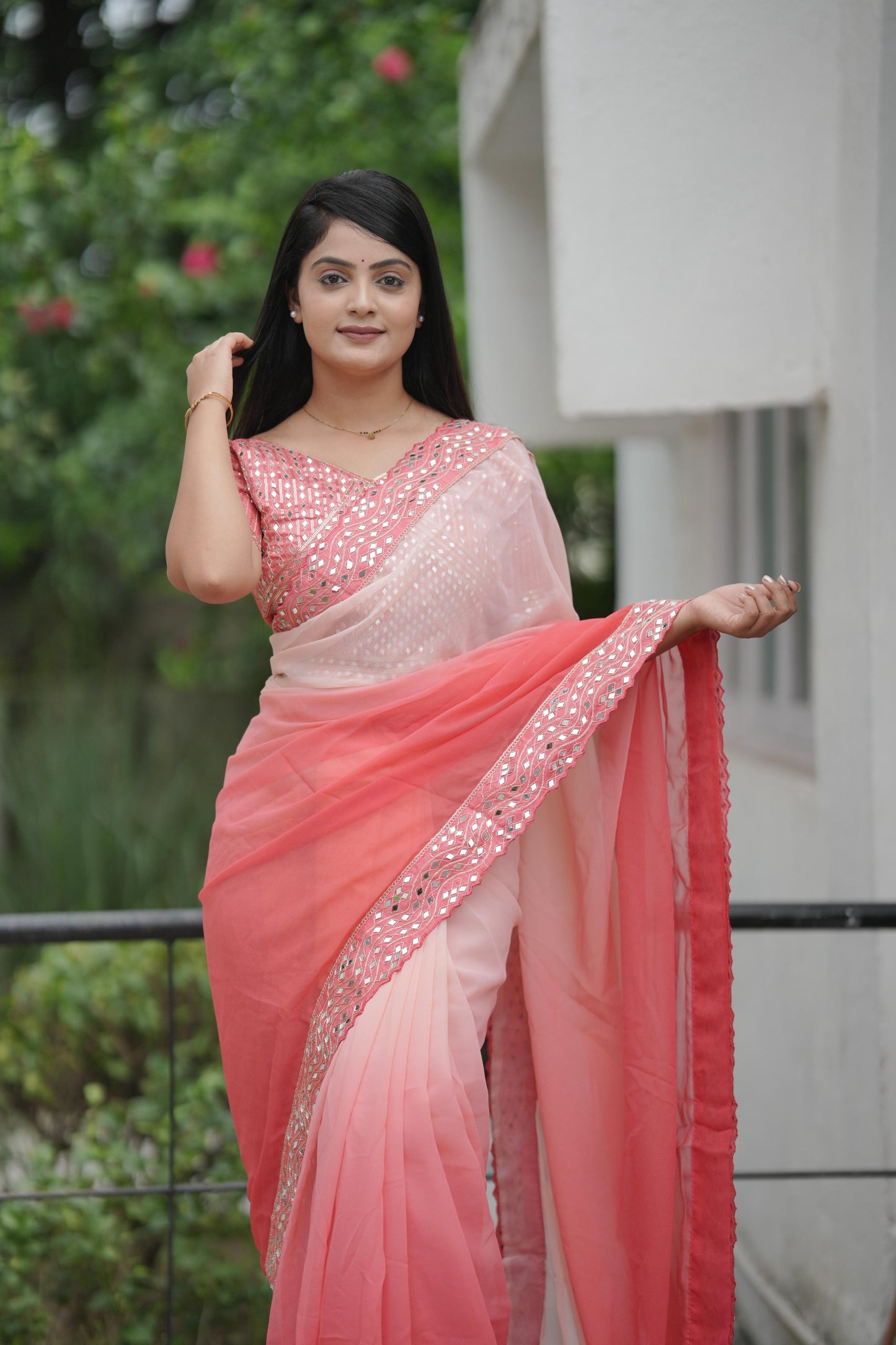Dark to light Shaded Saree Fabric with Designer Embroidered Lace