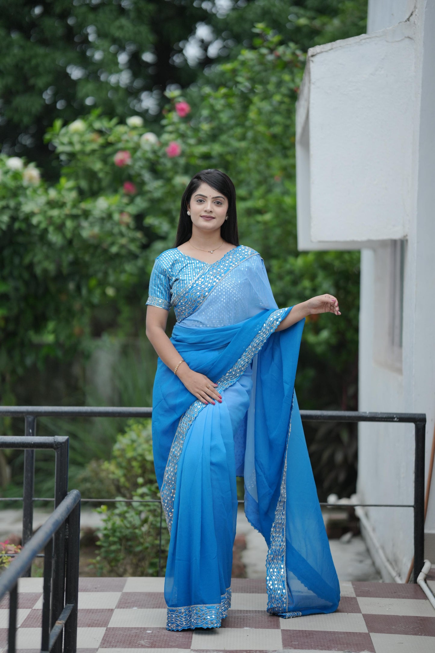 Dark to light Shaded Saree Fabric with Designer Embroidered Lace