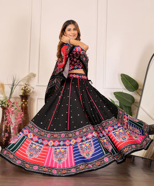 Premium Rayon Cotton Digital Print Work Lahenga Choli Black