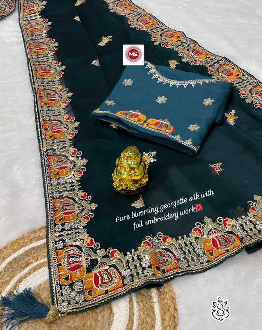 Pure Blooming Georgatte Saree gottpati foil work
