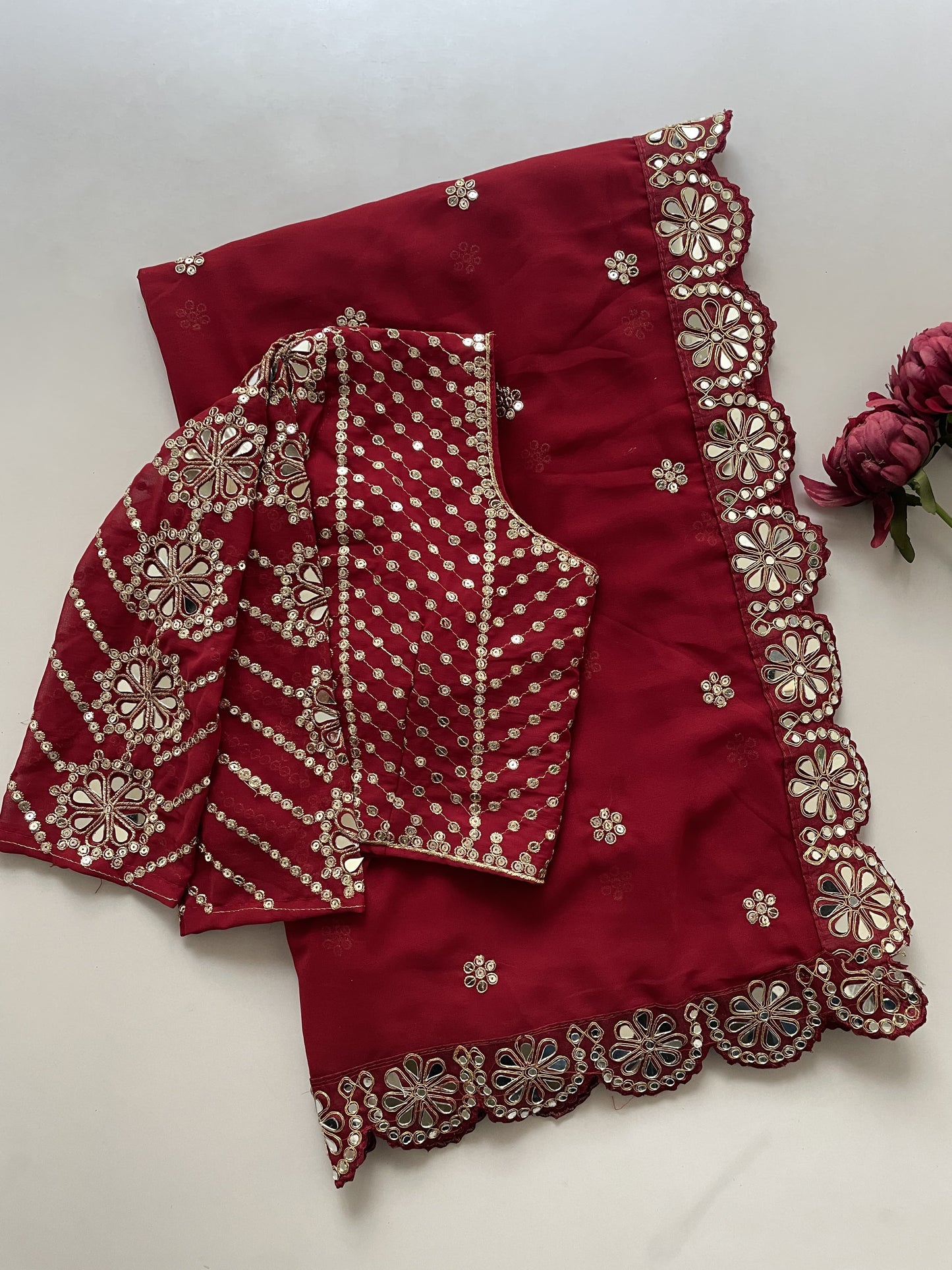 Heavy Coading Lace Border in Saree with Original Mirror