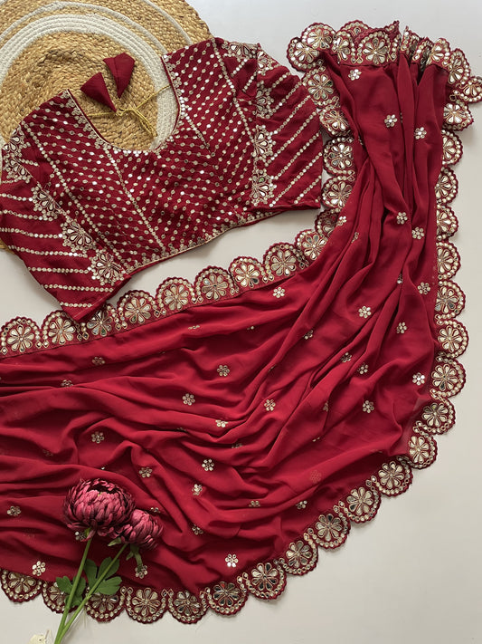 Heavy Coading Lace Border in Saree with Original Mirror