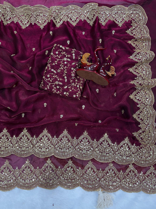 Soft Frendy Chiffon Sequance Zari Embroidery Work