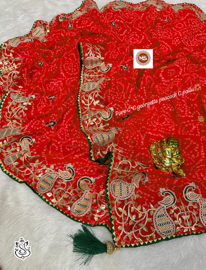 Pure Georgette C*C Gotapatti Codding peacock C.Pallu🦚 Saree