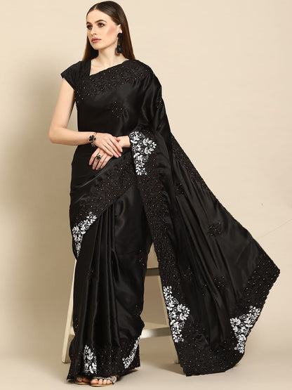 Premium Satin Saree with Resham & Moti Work